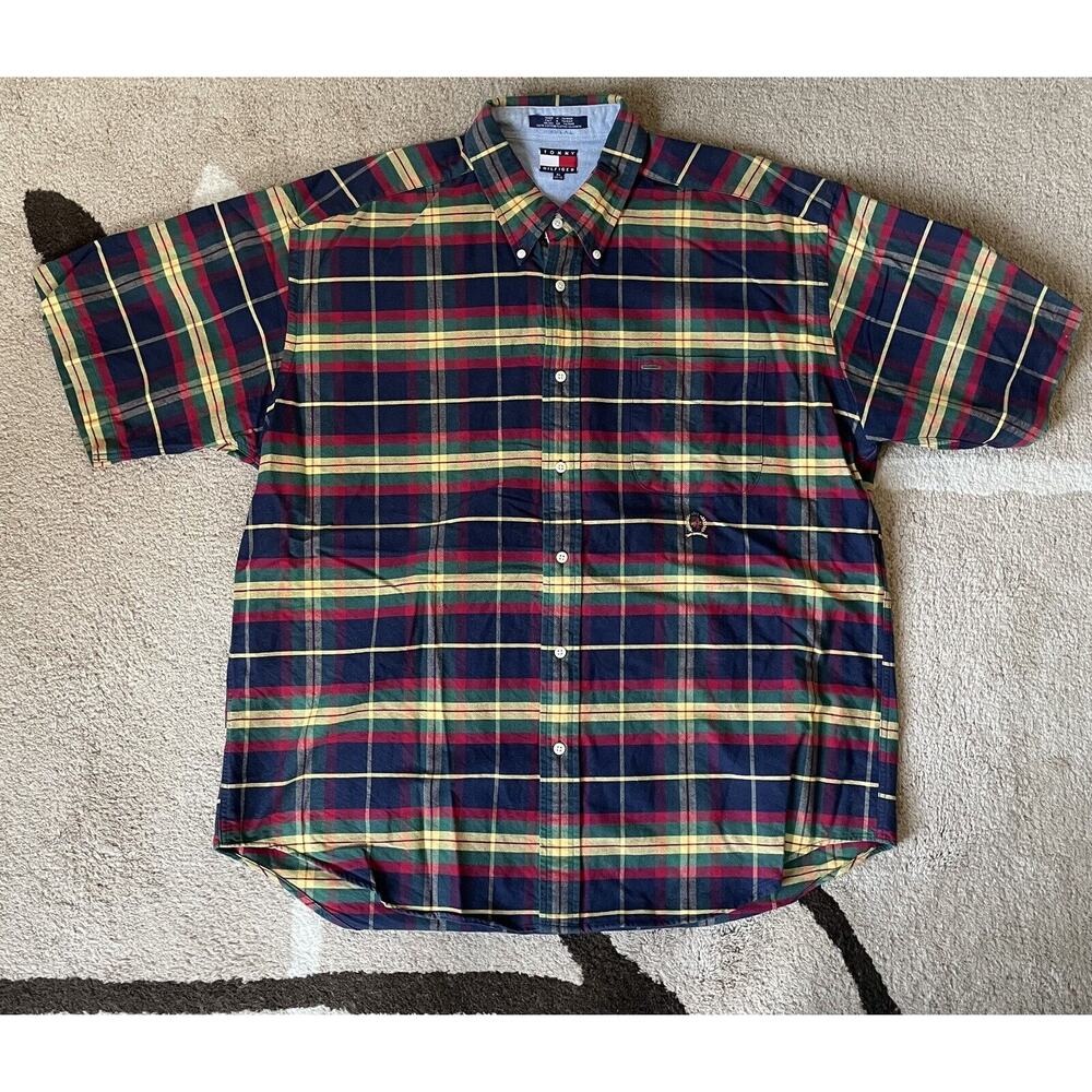 Vintage 90s Tommy Hilfiger Mens XL Bright Flannel Butto Up Short Sleeve Shirt